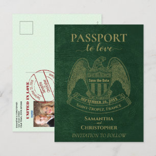 Green Passport Cute Fun Wedding Save the Date Announcement Postcard