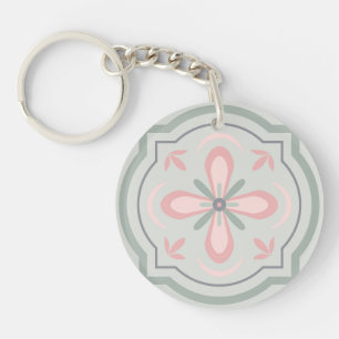 Green Pastel Floral Tiles Keychain