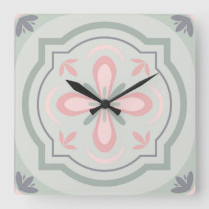 Green Pastel Floral Tiles Square Wall Clock