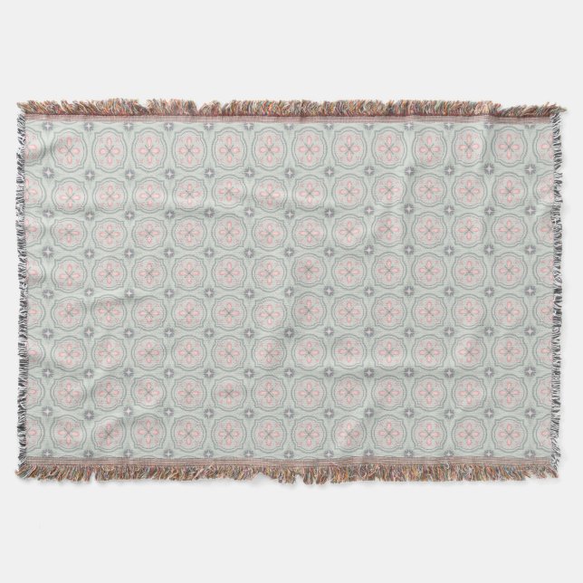Green Pastel Floral Tiles Throw Blanket (Front)