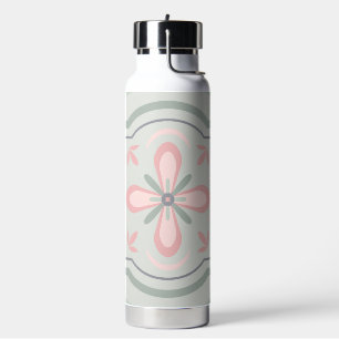 Green Pastel Floral Tiles Water Bottle