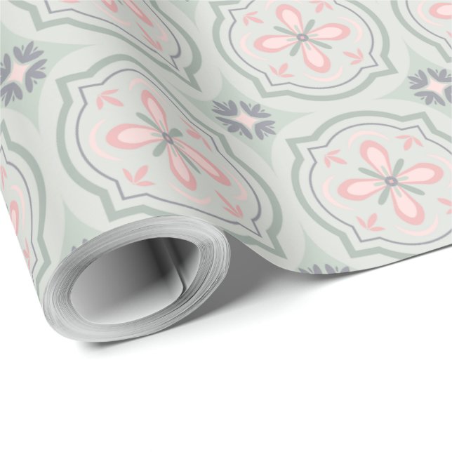 Green Pastel Floral Tiles Wrapping Paper (Roll Corner)