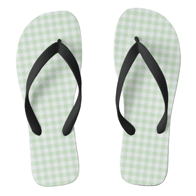 Green Pastel Gingham Flip Flops, Adult Wide Strap Flip Flops (Footbed)