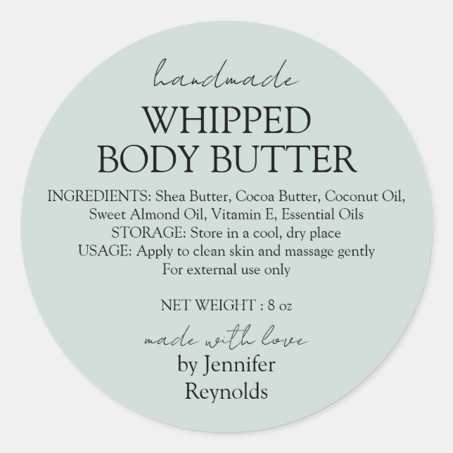 Green Pastel Handmade Body Butter Organic Classic Classic Round Sticker (Front)