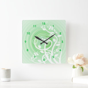 Green Pastel Spirals, Filigree & Flowers Square Wall Clock