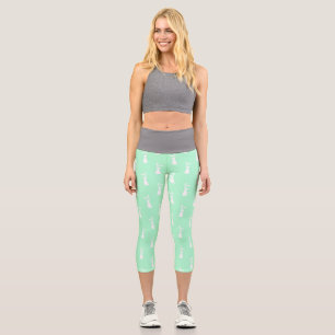 Green Pastel White Rabbit Easter Spring Season Capri Leggings