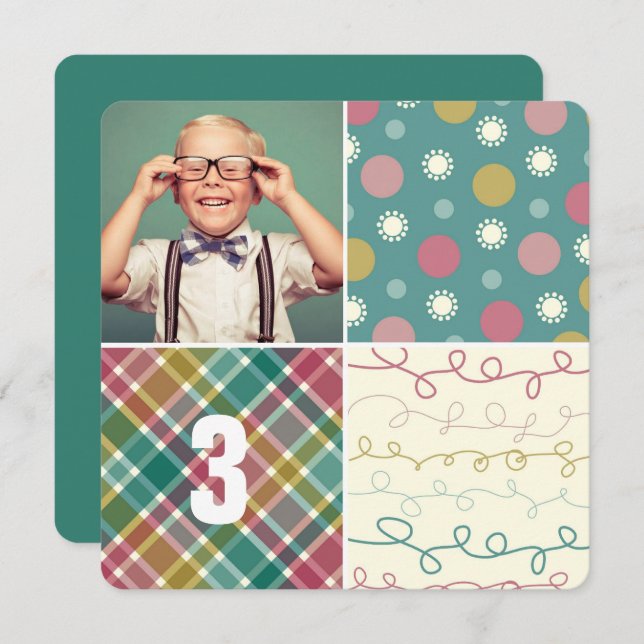 Green Patchwork Pattern Squares Boy Photo Birthday Invitation (Front/Back)