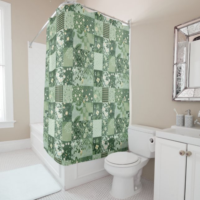 Green Patchwork Quilt Rustic Retro Floral  (In Situ)