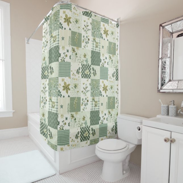 Green Patchwork Quilt Rustic Retro Floral  (In Situ)
