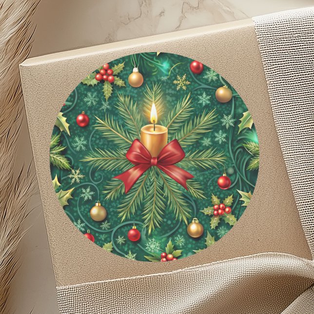 Green Pattern Gold Candle Poinsettia Flower Classic Round Sticker (Creator Uploaded)