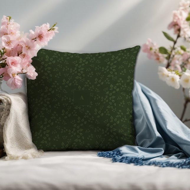 Green pattern leaves monogram throw pillow (Creator Uploaded)