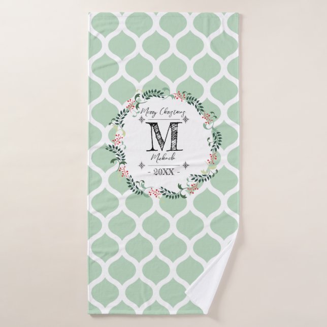 Green Pattern Merry Christmas Wreath Monogram  Bath Towel Set (Bath Towel)