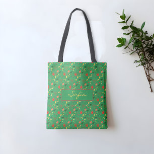 Green pattern wildflowers red poppy Tote Bag