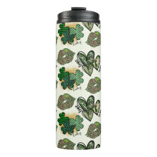 GREEN PATTERNED IRISH HEARTS LIPS AND SHAMROCKS THERMAL TUMBLER