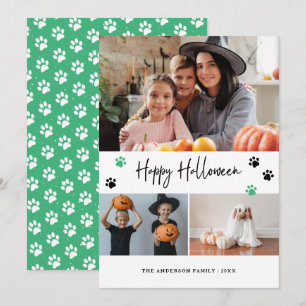 Green Paw Print Pet Photo Happy Halloween Holiday Card
