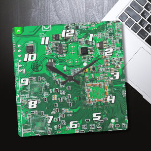 Green PCB Circuit Board Design for IT Pros Square Wall Clock