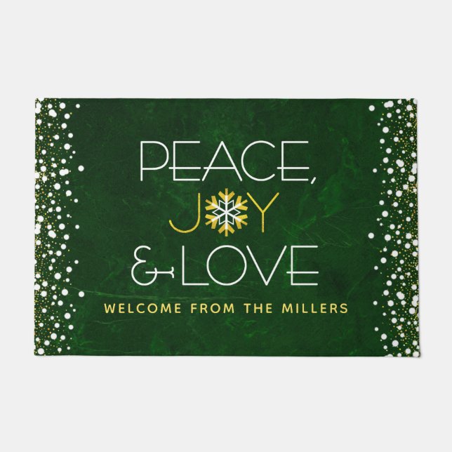 Green Peace Joy Love Christmas Modern Snowflake Doormat (Front)