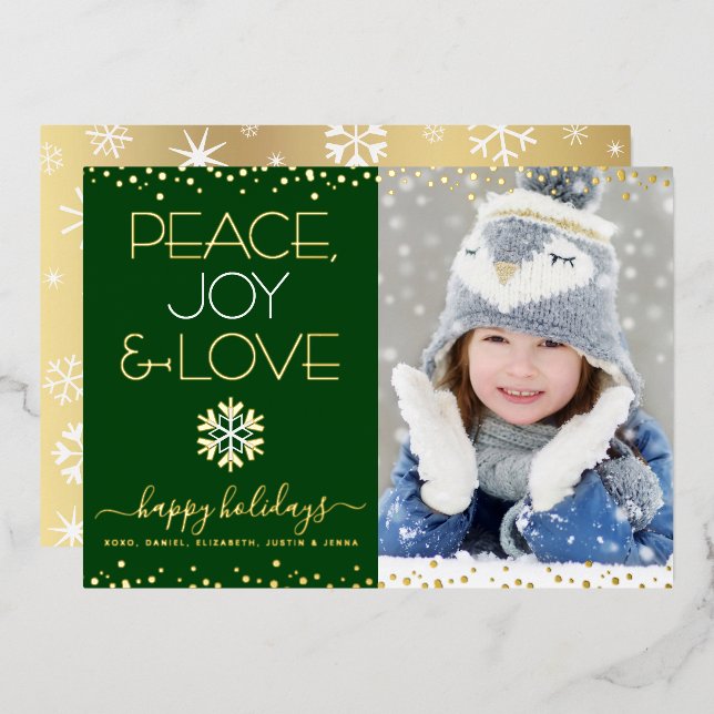 Green Peace Joy Love Photo Snowflakes Real Gold Foil Holiday Card (Front/Back)