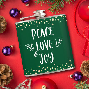 Green Peace Love Joy Modern Typography Gold Dots Hip Flask