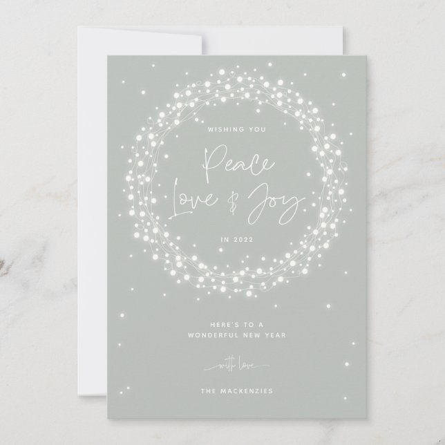 Green Peace Love+Joy Sparkling Lights Christmas Holiday Card (Front)