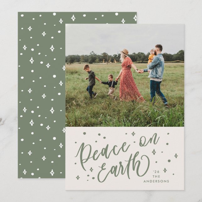 Green Peace on Earth Lettering Christmas Photo Holiday Card (Front/Back)