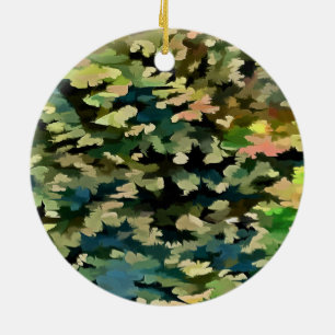 Green, Peach and Phthalo Blue Camouflage Pattern Ceramic Ornament