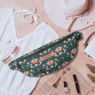 Green Peach Boho Floral Luna Moth Daisy Pattern Fanny Pack