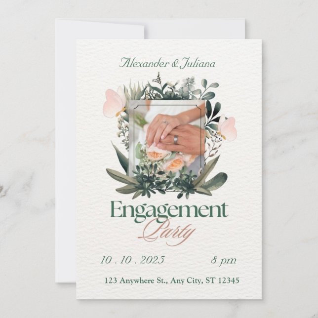 Green & Peach Floral Engagement Invitation (Front)