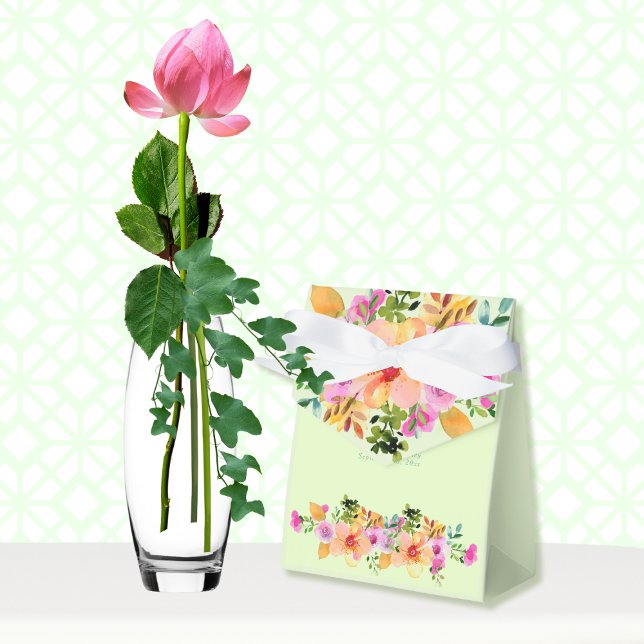 Green Peach Pink Floral Chic Spring Summer Wedding Favor Box (Creator Uploaded)