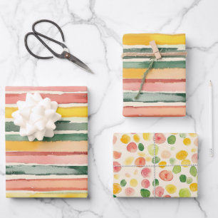 Green Peach Rose Red Yellow Stripes Birthday Wrapping Paper Sheet