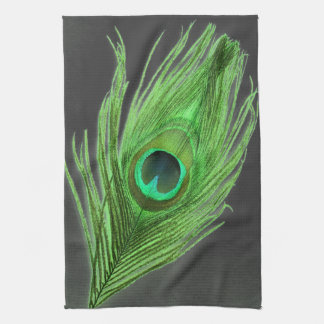Green Peacock Feather on Black Kitchen Towel