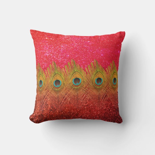 Green Peacock Feathers Glittery Red Colourful Cute Outdoor Pillow (Front)