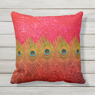 Green Peacock Feathers Glittery Red Colourful Cute Outdoor Pillow