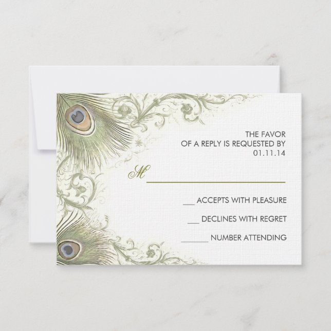 green peacock feathers vintage wedding RSVP cards (Front)