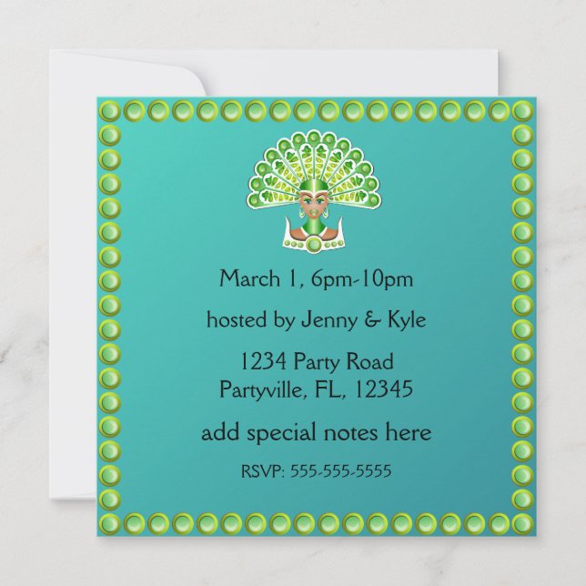 Green Peacock Lady Carnaval Invitations (Front)