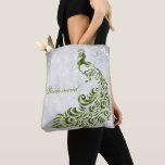 Green Peacock Leaf Vine Bridesmaid Tote<br><div class="desc">Personalize a all over print bag for your bridesmaids with a Green Peacock Leaf Vine Bridesmaid's Tote Bag. Tote design features a light grey grunge background with a vibrant green peacock with a leaf vine embellishment. Personalize with the bridesmaid's name or keep the bridesmaid title. Additional wedding stationery and gifts...</div>