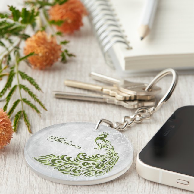 Green Peacock Personalized Acrylic Keychain (Front Right)
