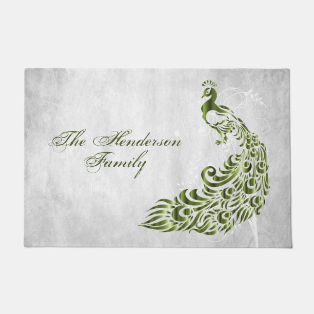 Green Peacock Personalized Door Mat (Front)