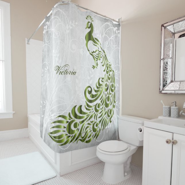 Green Peacock Personalized Shower Curtain (In Situ)