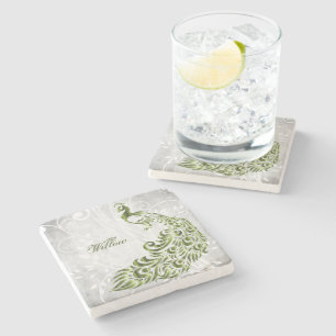 Green Peacock Personalized Stone Coaster