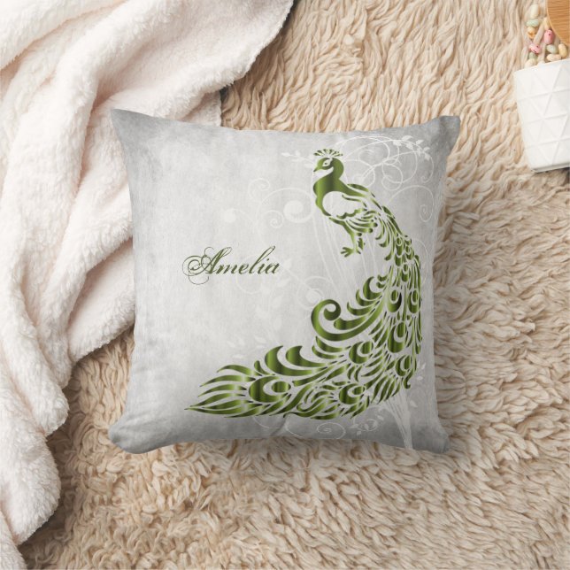 Green Peacock Personalized Throw Pillow (Blanket)