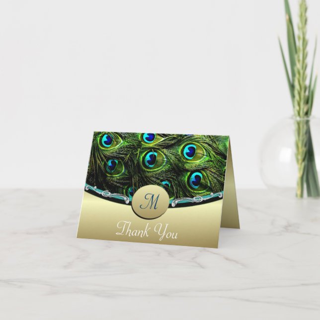 Green Peacock Wedding Thank You Cards (Front)