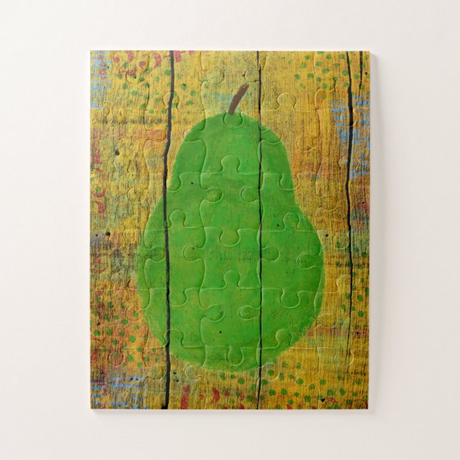 Green Pear Jigsaw Puzzle Yellow Wood Rustic Fruit (Vertical)