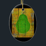 Green Pear Ornament Yellow Wood Rustic Fruit<br><div class="desc">A green pear on a weathered wood yellow background with collage bits of numbers and patterns</div>