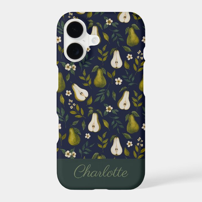 Green Pear Watercolor Pattern on Dark Blue (Verso)