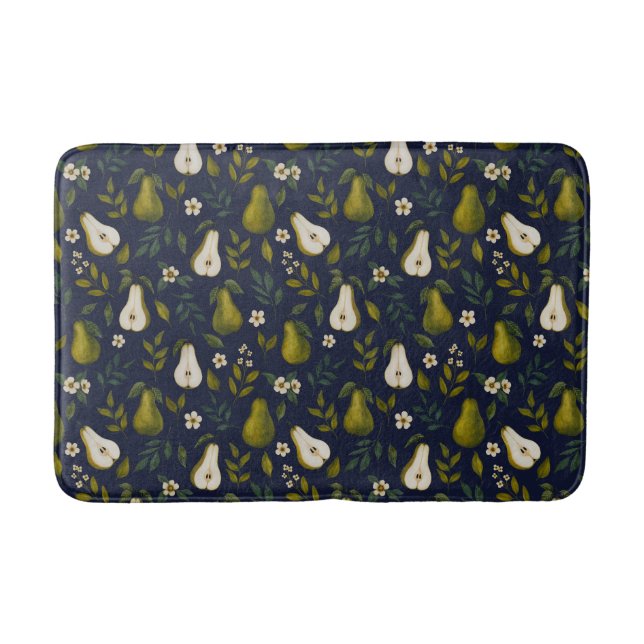 Green Pear Watercolor Pattern on Dark Blue  Bath Mat (Front)