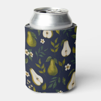 Green Pear Watercolor Pattern on Dark Blue Can Cooler