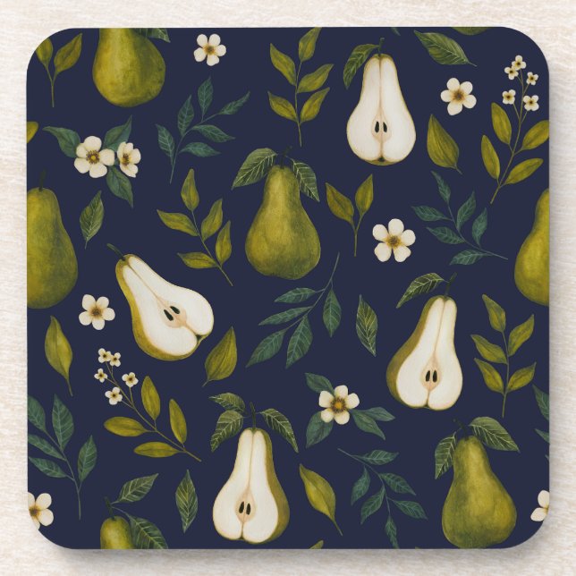 Green Pear Watercolor Pattern on Dark Blue  Coaster (Front)