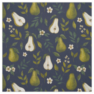 Green Pear Watercolor Pattern on Dark Blue  Fabric