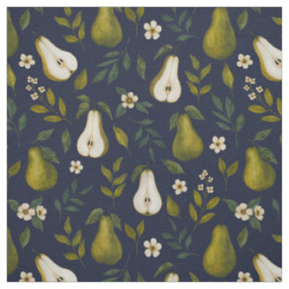 Green Pear Watercolor Pattern on Dark Blue Fabric